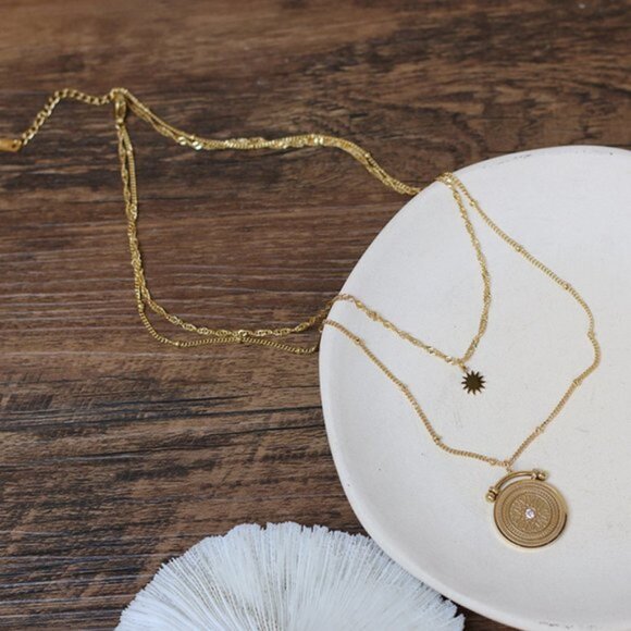 NEW 18K Gold Plated Vintage Diamond Coin Star Double Layer Necklace - Picture 12 of 14